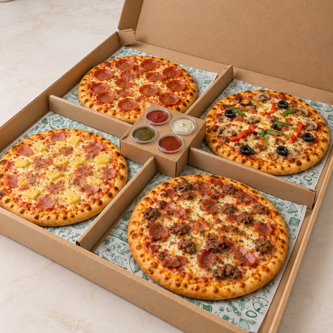 Caja para 4 pizzas con 4 salsas